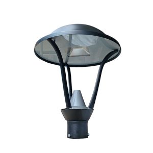 Farola LED de 100W para alumbrado exterior con diseño moderno tipo isla, acabado en color negro, estructura de aluminio y difusor transparente, ideal para iluminar parques, jardines, plazas y áreas peatonales.