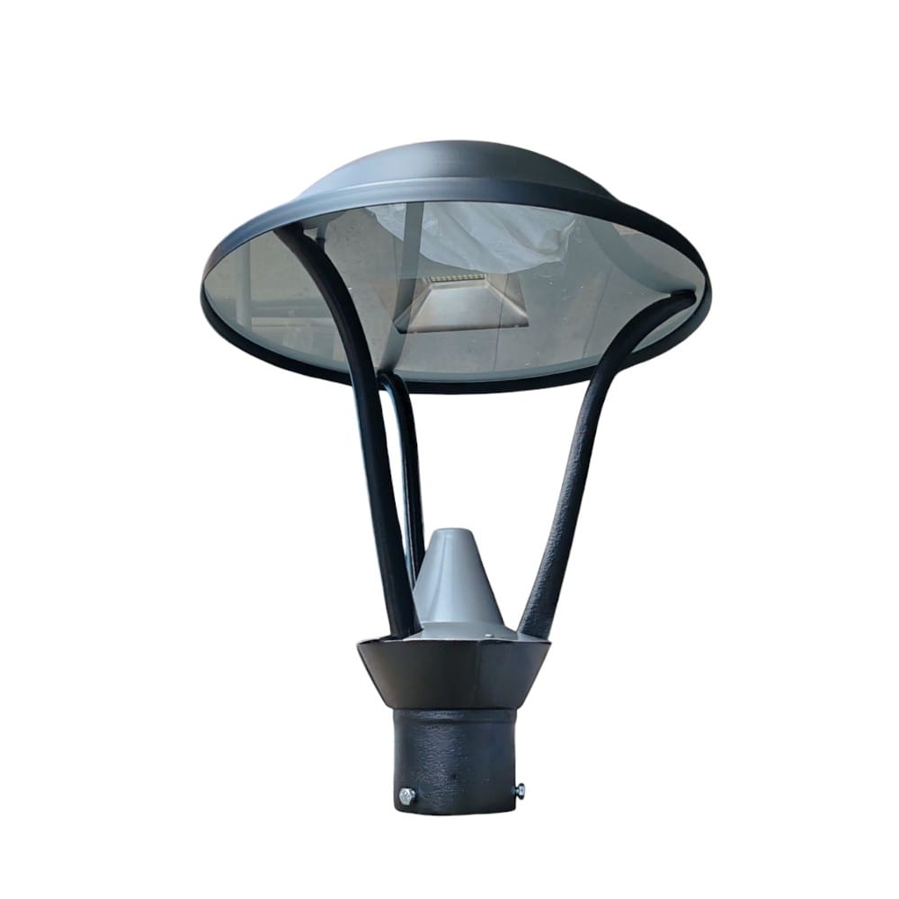 Farola LED de 100W para alumbrado exterior con diseño moderno tipo isla, acabado en color negro, estructura de aluminio y difusor transparente, ideal para iluminar parques, jardines, plazas y áreas peatonales.