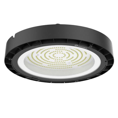 Luminaria LED High Bay Value 200W LEDVANCE para iluminación industrial, color negro, voltaje 100-277V, diseño circular de alta eficiencia, ideal para almacenes, fábricas, centros logísticos y naves industriales