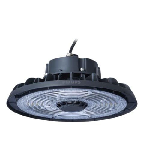 Luminaria LED High Bay Philips BY320P G2 de 150W color negro, con 21,000 lúmenes, luz blanca fría 6500K, protección IP65, voltaje de operación 120-277V y vida útil de 50,000 horas, ideal para almacenes, fábricas, talleres y centros de distribución.