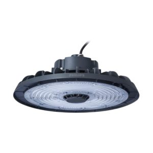 Luminaria LED High Bay 200W modelo WB LED280 BY320P G2, color gris, con luz blanca fría 6500K, protección IP65 y alimentación de 120-277V, ideal para iluminación industrial en almacenes, fábricas, centros logísticos y naves de gran altura.