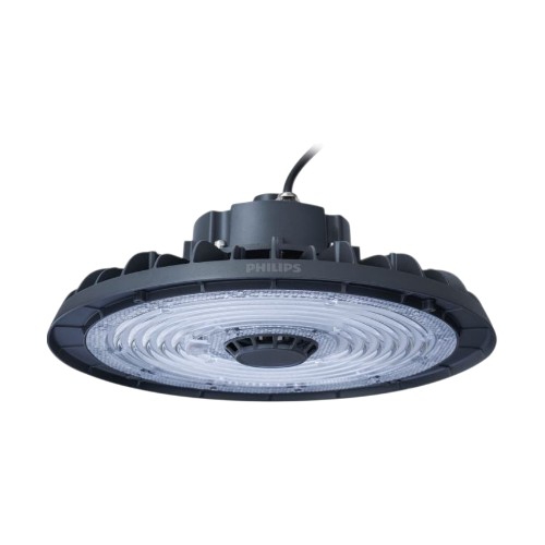 Luminaria LED High Bay 200W modelo WB LED280 BY320P G2, color gris, con luz blanca fría 6500K, protección IP65 y alimentación de 120-277V, ideal para iluminación industrial en almacenes, fábricas, centros logísticos y naves de gran altura.