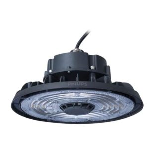 Luminaria LED High Bay 100W WB LED140 BY320P G2 color gris, con 14,000 lúmenes, luz blanca fría 6500K, protección IP65, voltaje 110-277V y vida útil de 50,000 horas, ideal para almacenes, fábricas, talleres y espacios industriales de gran altura.