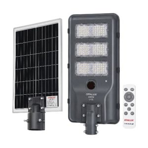 Luminaria solar LED OPALUX 600W con panel solar de alta eficiencia y control remoto para iluminación exterior autónoma.