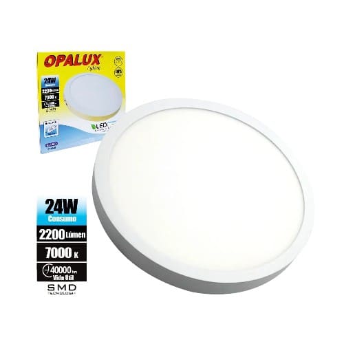 Panel plafón circular LED Opalux OP-R2419 de 24W con 2200 lúmenes y luz blanca fría de 7000K. Diseño moderno para techo, ideal para hogares, oficinas y comercios, con vida útil de 40,000 horas.