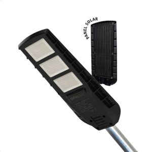 Luminaria solar LED 300W Opalux OP-SSL300W con panel solar integrado de alta eficiencia. Ideal para alumbrado público, calles, parques, avenidas, estacionamientos y áreas exteriores. Diseño resistente, bajo consumo de energía y fácil instalación sin cableado eléctrico