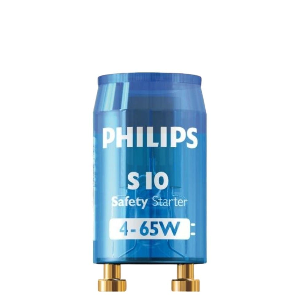Arrancador Philips S10 4-65W para lámparas fluorescentes, diseñado para un encendido rápido y seguro en sistemas de iluminación de 220-240V