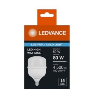 Foco LED de alta potencia LEDVANCE 50W, luz blanca fría 6500K, 4500 lúmenes, voltaje 100-240V, ideal para iluminar talleres, almacenes, tiendas y espacios amplios con bajo consumo de energía