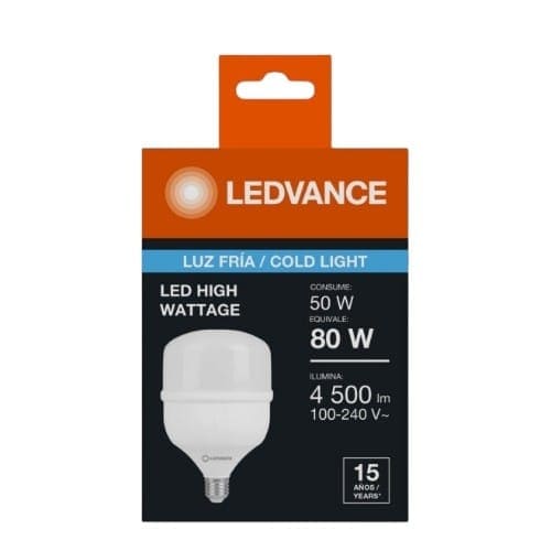 Foco LED de alta potencia LEDVANCE 50W, luz blanca fría 6500K, 4500 lúmenes, voltaje 100-240V, ideal para iluminar talleres, almacenes, tiendas y espacios amplios con bajo consumo de energía