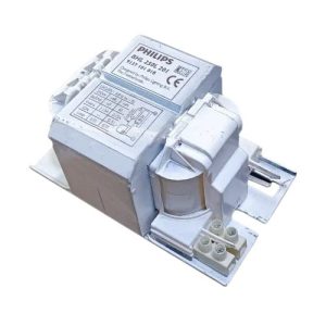 Balasto reactor Philips BHL 250L 201 de 250W para lámparas de vapor de mercurio de alta presión, diseñado para proporcionar una alimentación estable y eficiente en sistemas de alumbrado público, iluminación exterior e instalaciones industriales