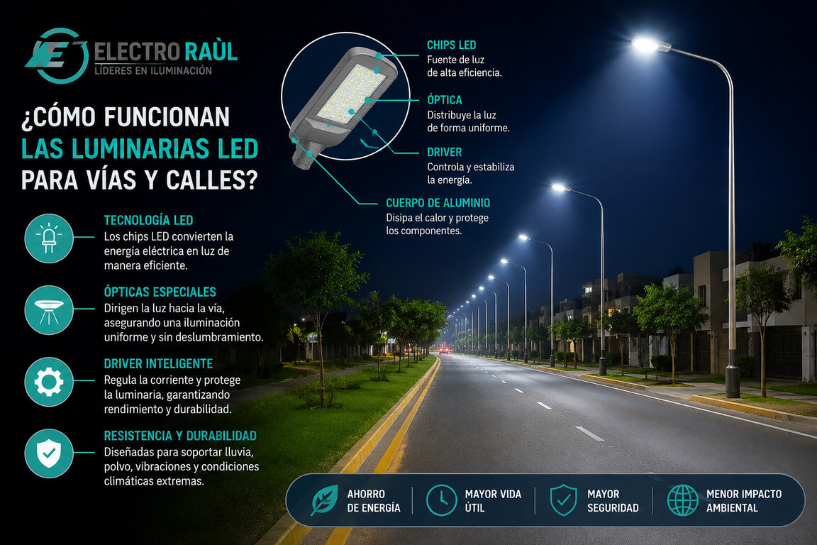 Avenida iluminada de noche con luminarias LED de alumbrado público