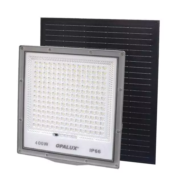 Reflector Solar LED OPALUX 400W tricolor con panel solar, modelo OP-SFL519-400CCT, protección IP66 para iluminación exterior